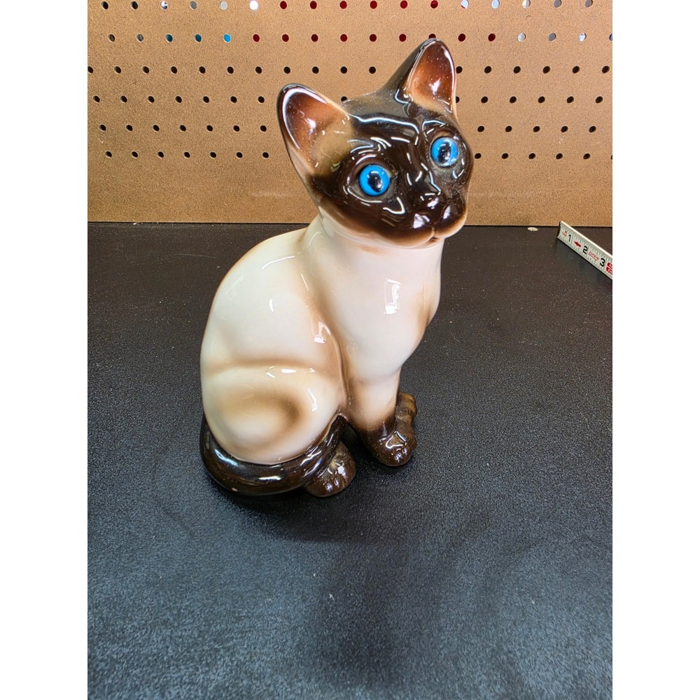 Vintage Enesco Siamese Cat Figurine Blue Eyes Ceramic Glazed Korea 7 Inch